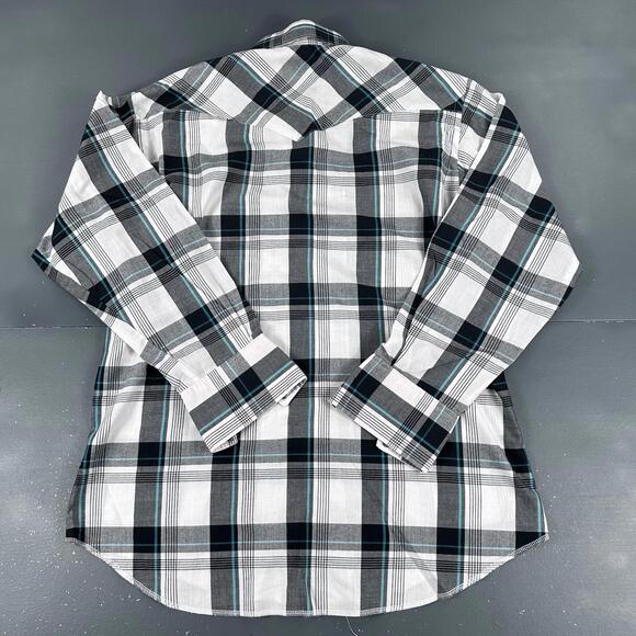 VTG Wrangler Shirt Men Large White Black Turquoise Plaid Pearl Snap USA Made 90s - Picture 7 of 8